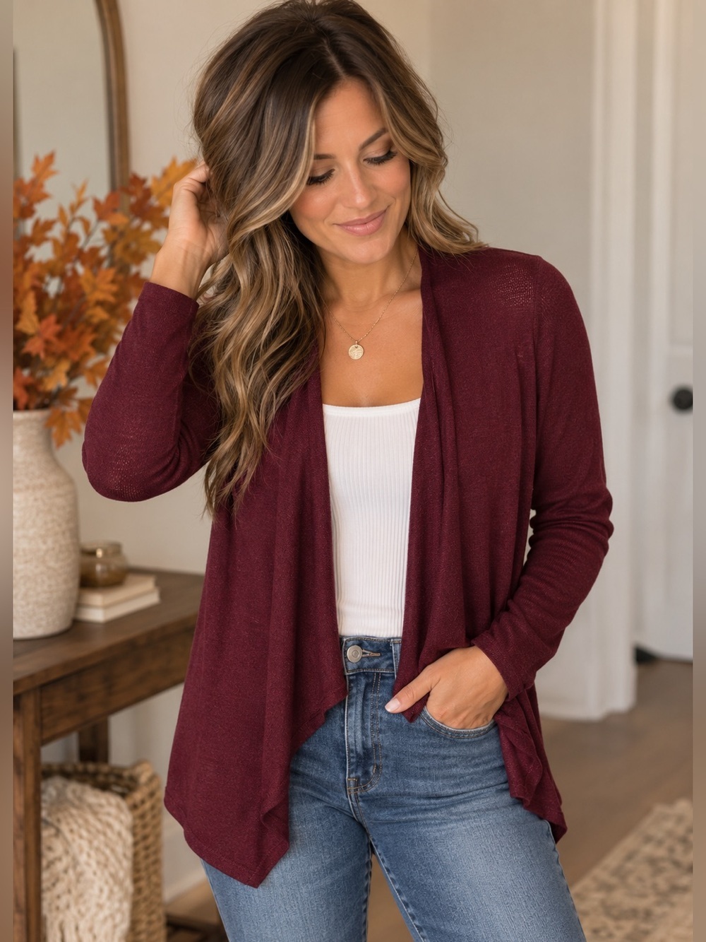 Mudd Burgundy Waterfall Cardigan Large Open Front Lightweight Fall Sweater